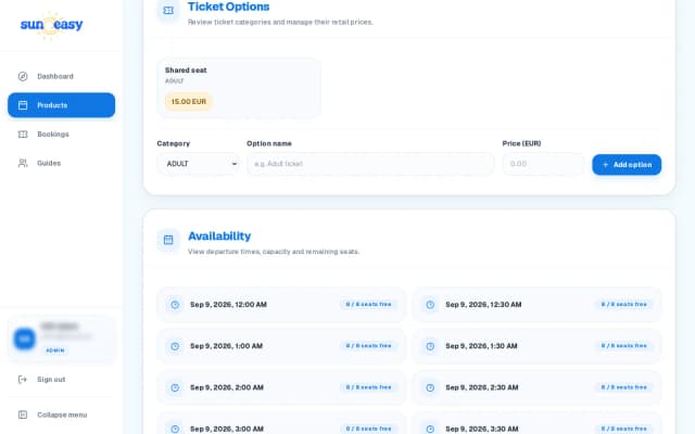 Ticket options and availability