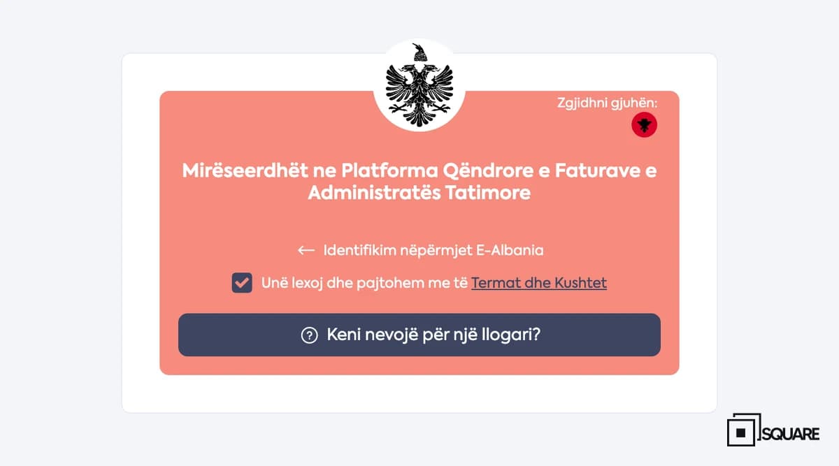 Faqja e hyrjes në Platformën Qendrore të Faturave (efiskalizimi-app.tatime.gov.al) me butonin "Identifikim nëpërmjet E-Albania"