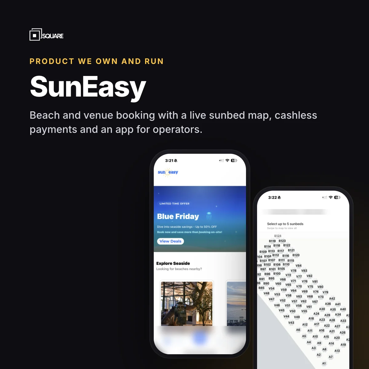 SunEasy beach booking app: home screen and live sunbed map